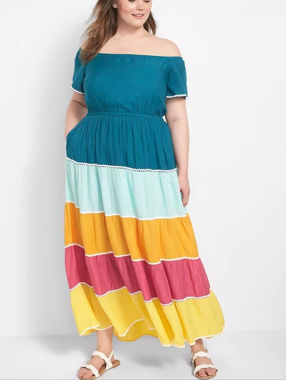 Plus Size 2x 18 20 Lane Bryant Teal Off-Shoulder Tiered Maxi Dress Colorful